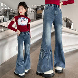 2024春秋新款女童牛仔喇叭裤蝴蝶结绣花中大童韩版宽松弹力牛仔裤