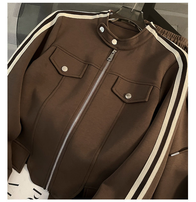 Korean Style Women's Zip-Up Hoodie & Jogger Pants Set - Casual Sporty Outfit (S-2XL, Black/Brown)_ecoleips.com