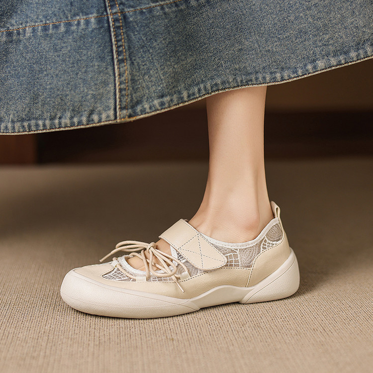 Giày sneaker nữ đế dày ren lưới phối màu cổ thấp — màu trắng ngà chi tiết 40