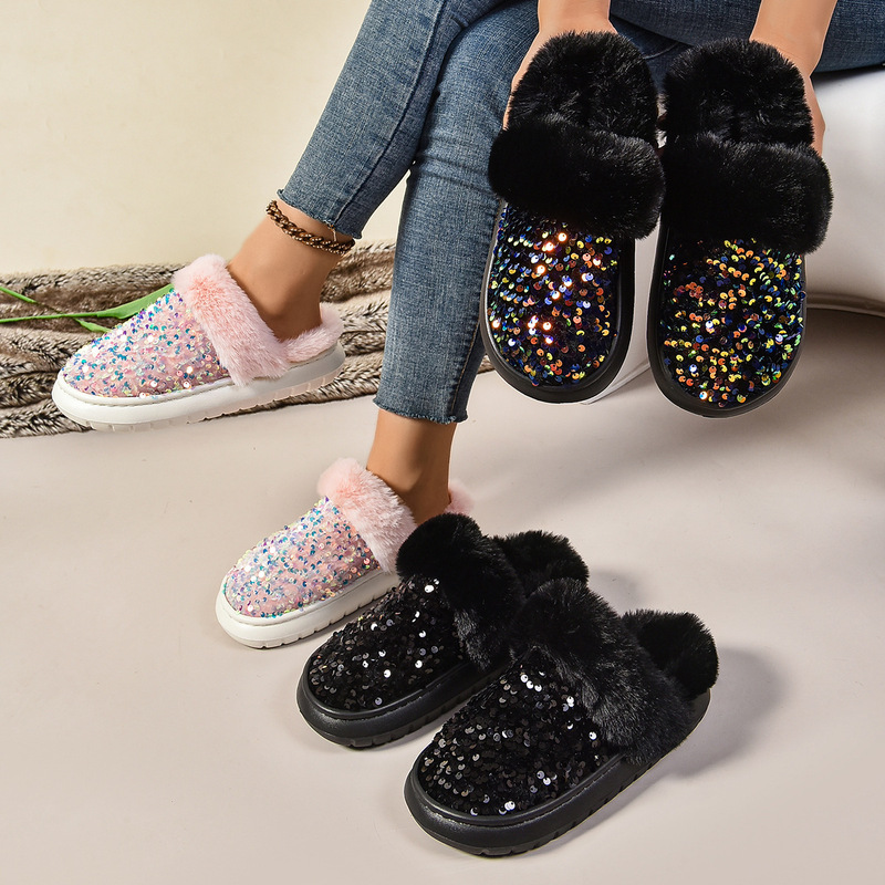 2025 New Winter Warm Plus Plush Cross-Border E-Commerce Sequined Anti-Slip Toe-Toe Home Cotton Slippers for Women Indoor