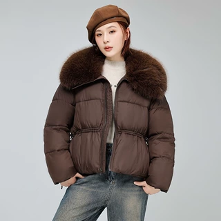 大毛领翻领短款棉衣女收腰棉服 下摆抽绳可调节版型简约大气冬季