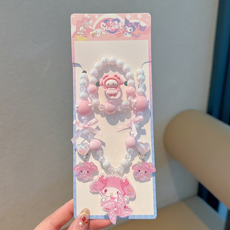 韩版甜美流行儿童首饰串珠项链手链耳夹5件套儿童项链手链套装|undefined