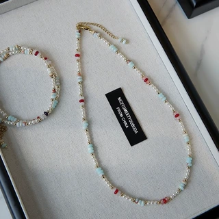 施家珍珠天然彩色石头蓝色寿山石串珠项链女时尚气质网红锁骨链