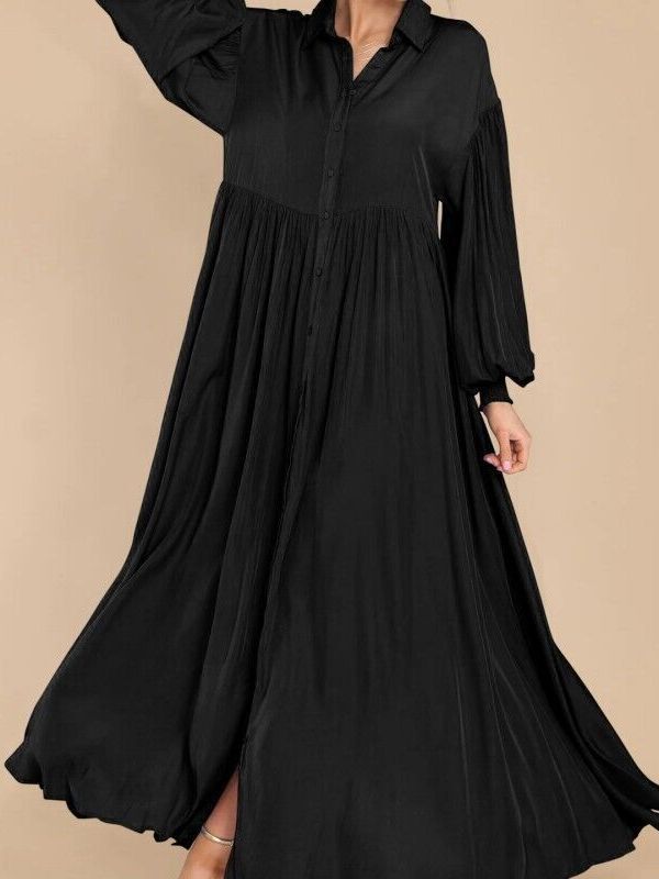 Cross-Border 2026 New Model Aliexpress Women's Casual Solid Color Button-Down Pleated Long-Sleeve Maxi Dress