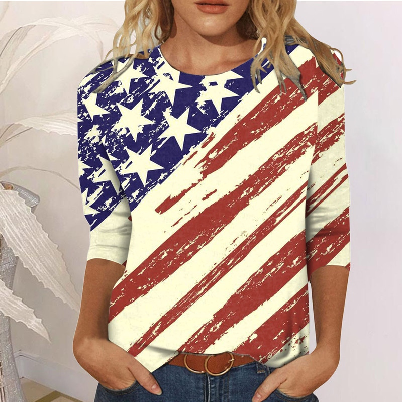 European anD American Cross-borDer New Women's Three-quarter Sleeve Flag Theme 3D RounD Neck Loose PrinteD T-shirt Women's Clothing