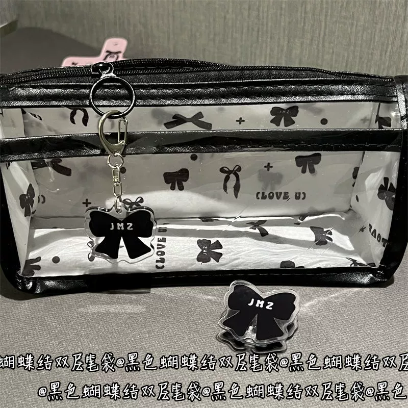 桔沐臻 Black double-layer high quality pencil case with bow, stationery for students
