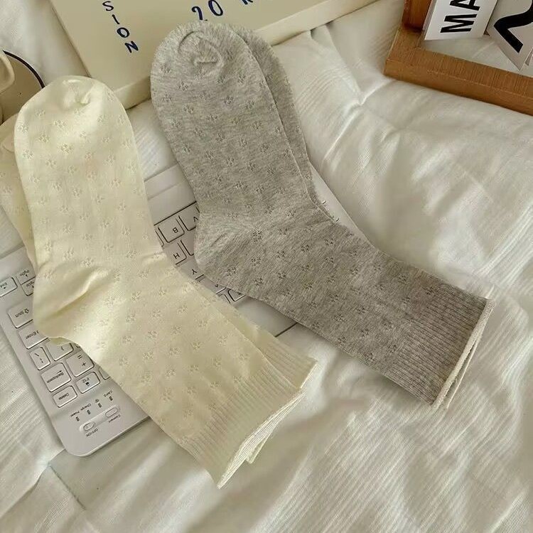 四叶草miu系花边袜子女中筒袜夏季薄款镂空透气网眼百搭堆堆长袜|undefined