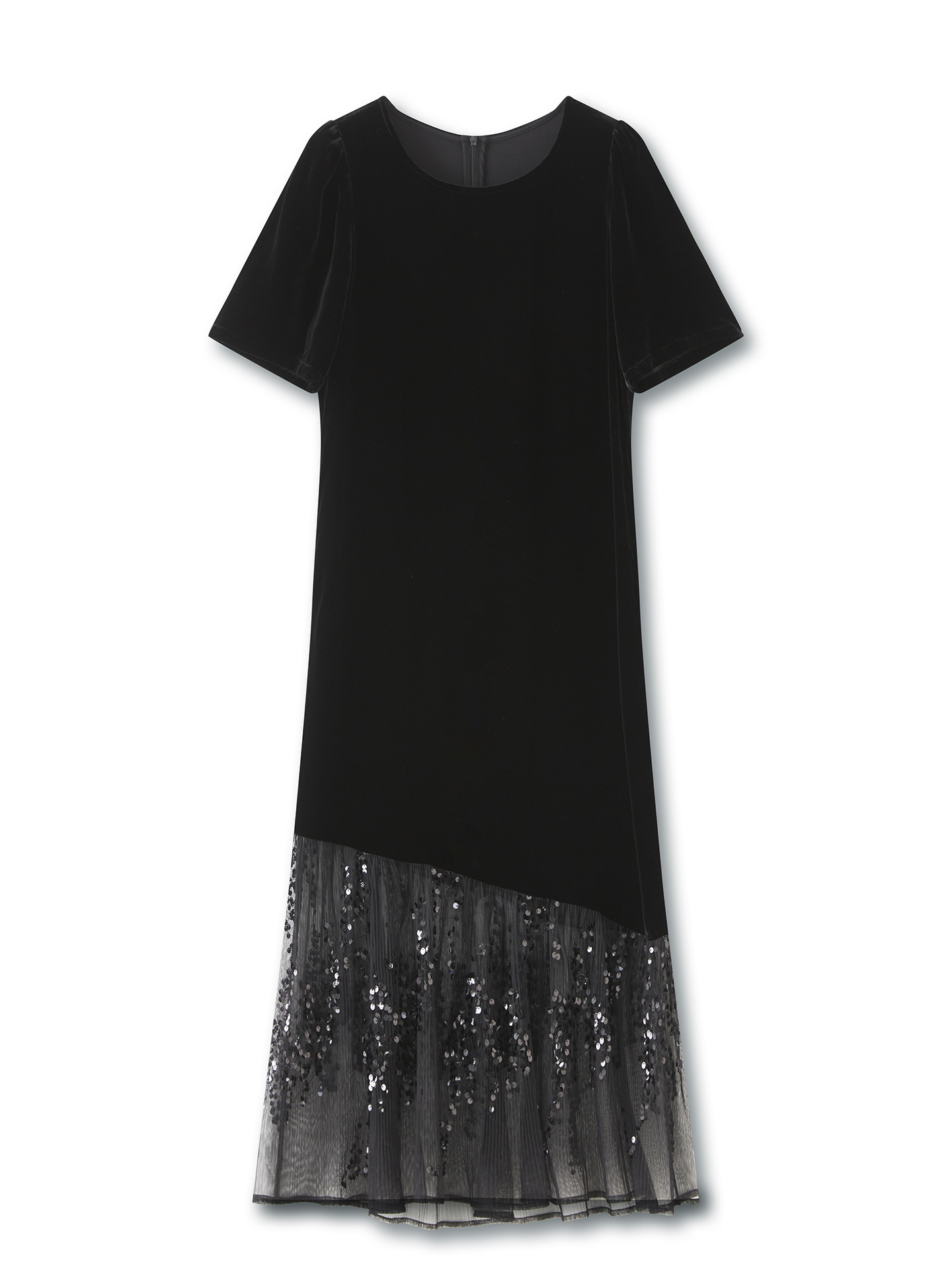 Đầm maxi nữ thắt eo phối lưới đính sequin và nhung — Màu đen