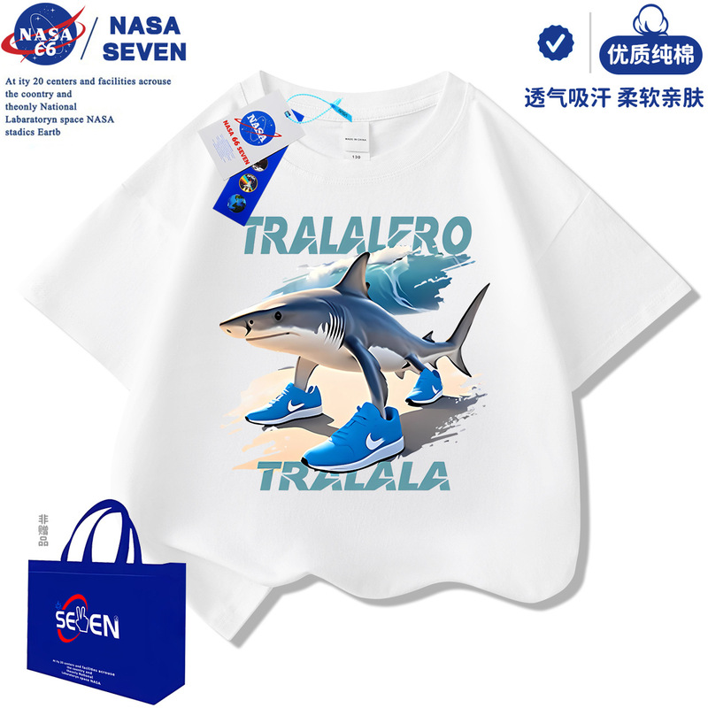NASA アメリカの山と海の経典 純綿 Tシャツ 子供用 夏新作 忍者サメ 半袖 男の子 トップス|undefined