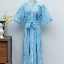 宫廷风高级感重工刺绣泡泡袖连衣裙女夏季法式绑带收腰单排扣长裙