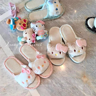Japanese Cute Linen Kitty Fabric Sandals Slippers Home Breathable Sweat-Absorbing Non-Slip Slippers