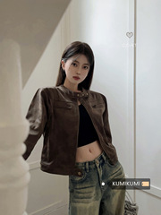 美式复古棕色长袖皮衣外套女装2025秋季宽松显瘦麂皮短款休闲上衣