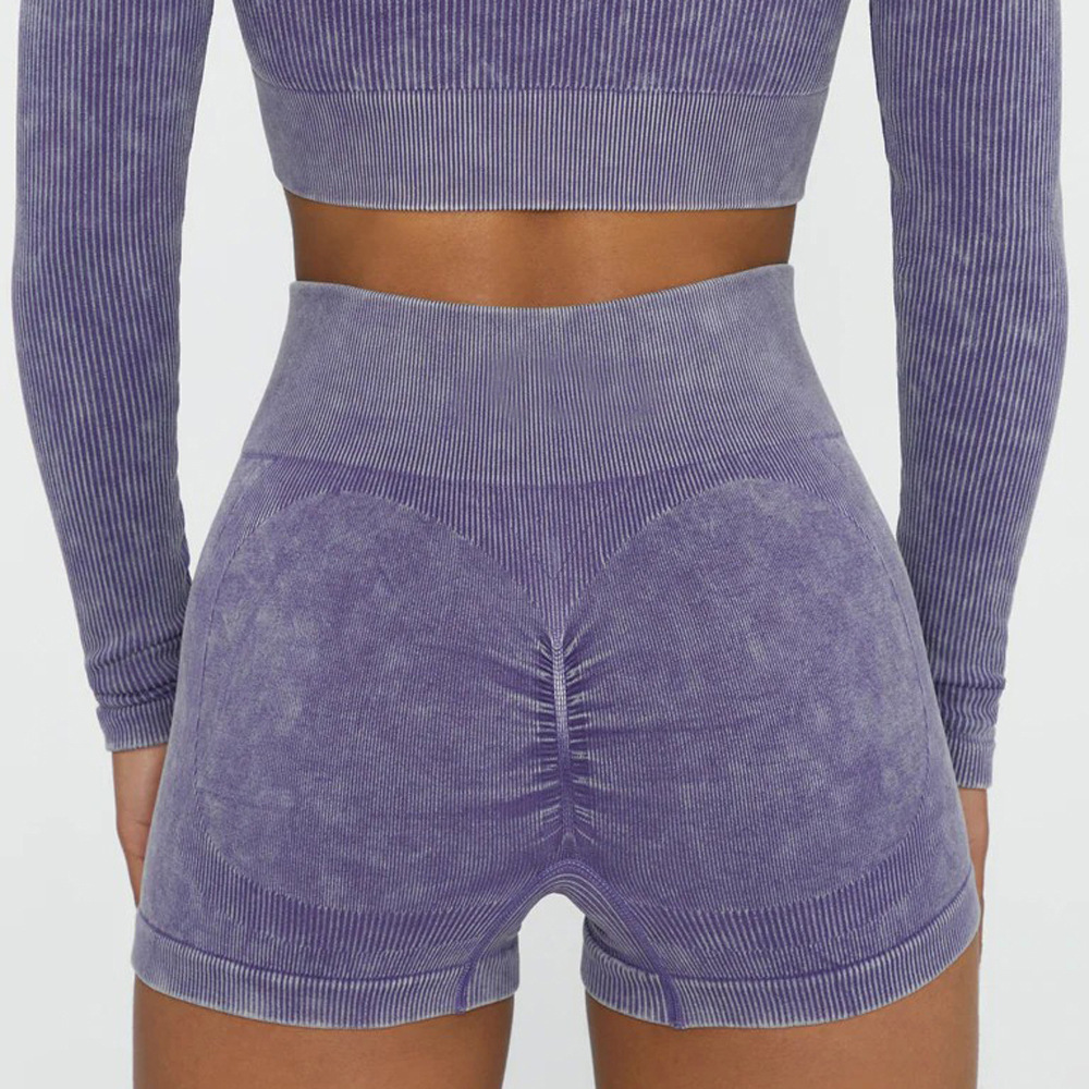 Pantalones cortos de yoga de lavado de arena con levantamiento de cadera transfronterizo, pantalones deportivos de fitness deportivos de color sólido de verano, pantalones de tres puntos de cadera elástica de cintura alta