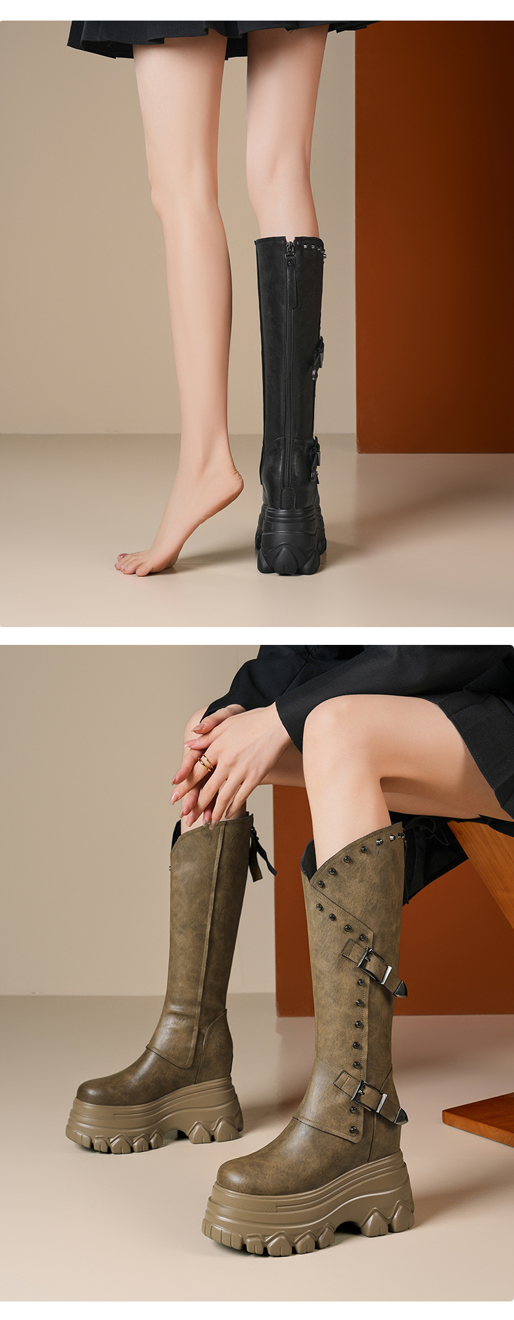Boot nữ cổ cao ôm bắp chân đế xuồng tăng chiều cao 12 cm — Lót nhung đen chi tiết 3