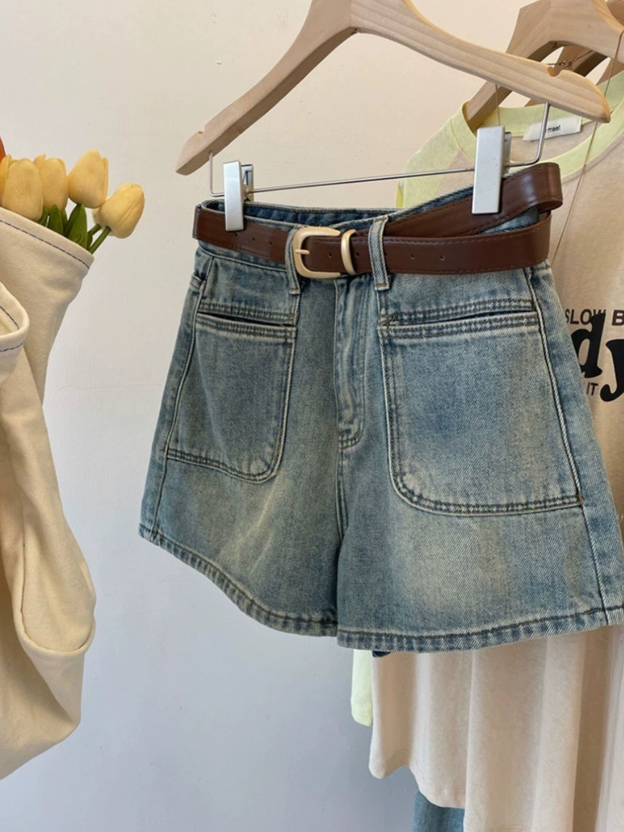 Летние новые ретро джинсовые шорты с высокой талией для женщин, утягивающие, плюс размер, свободные широкие шорты А-силуэта, модные шорты 2025 года