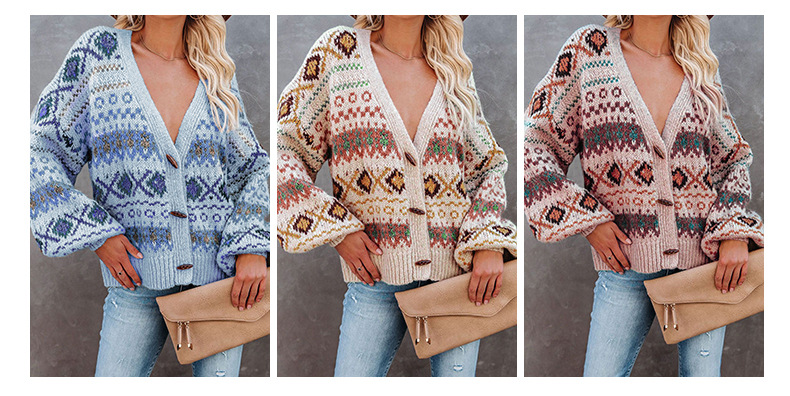 Printing Breasted Lantern Sleeve V-Neck Knitted Cardigan NSSI78249