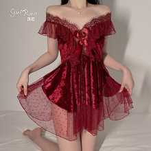 瑰若性感诱惑丝绒睡衣甜美网纱装饰火辣低胸吊带睡裙家居套装4951