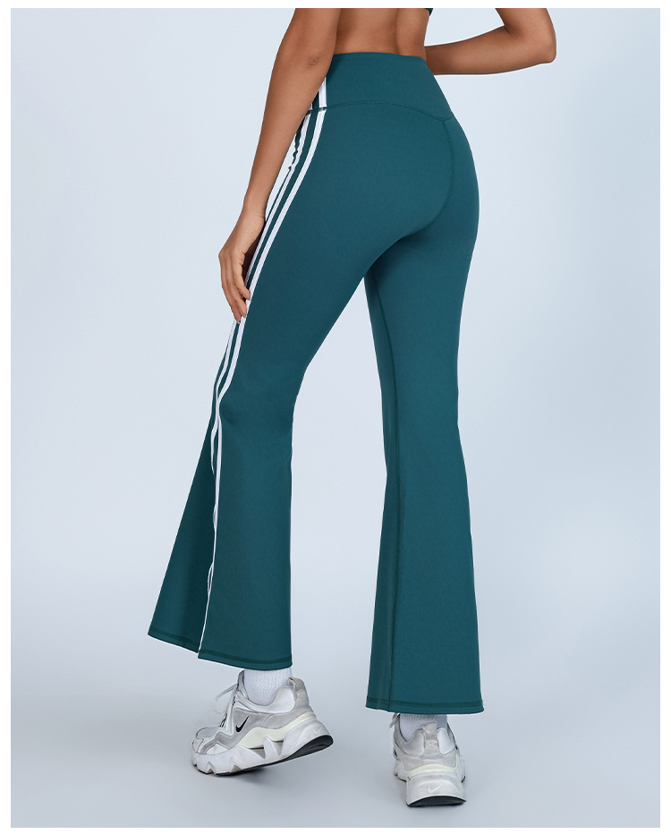Pantalones de microyoga de cadera de melocotón de estilo europeo y americano, cintura alta, contraste de color blanco, deportes, fitness, pantalones acampanados de secado rápido de alta elasticidad
