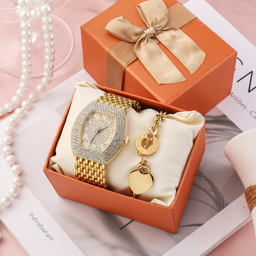 ZONMFEI new women's watch set fashionable 2-piece full diamond exaggerated quartz watch titanium steel OT buckle bracelet