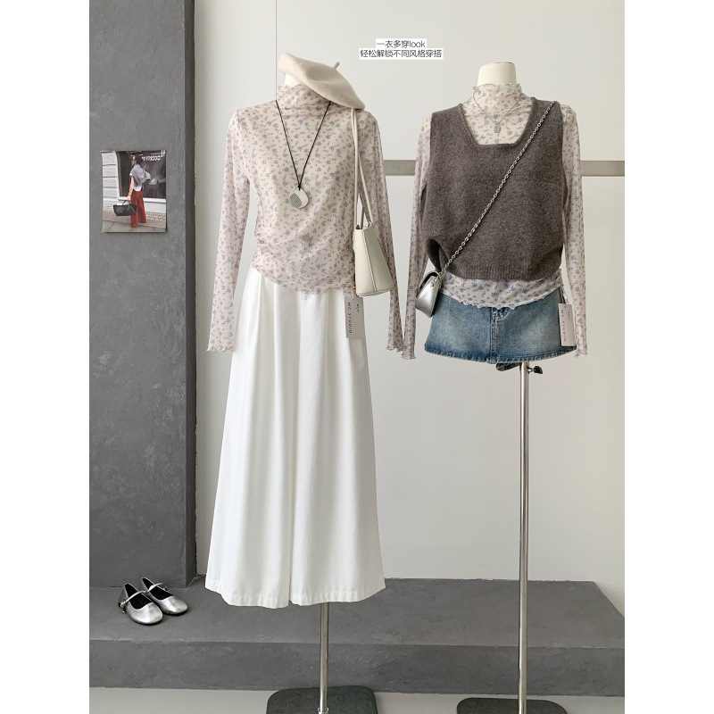 Korean Style Simple Floral High Collar Slim Long Sleeve Lace Splicing Lace Shirt New for Autumn