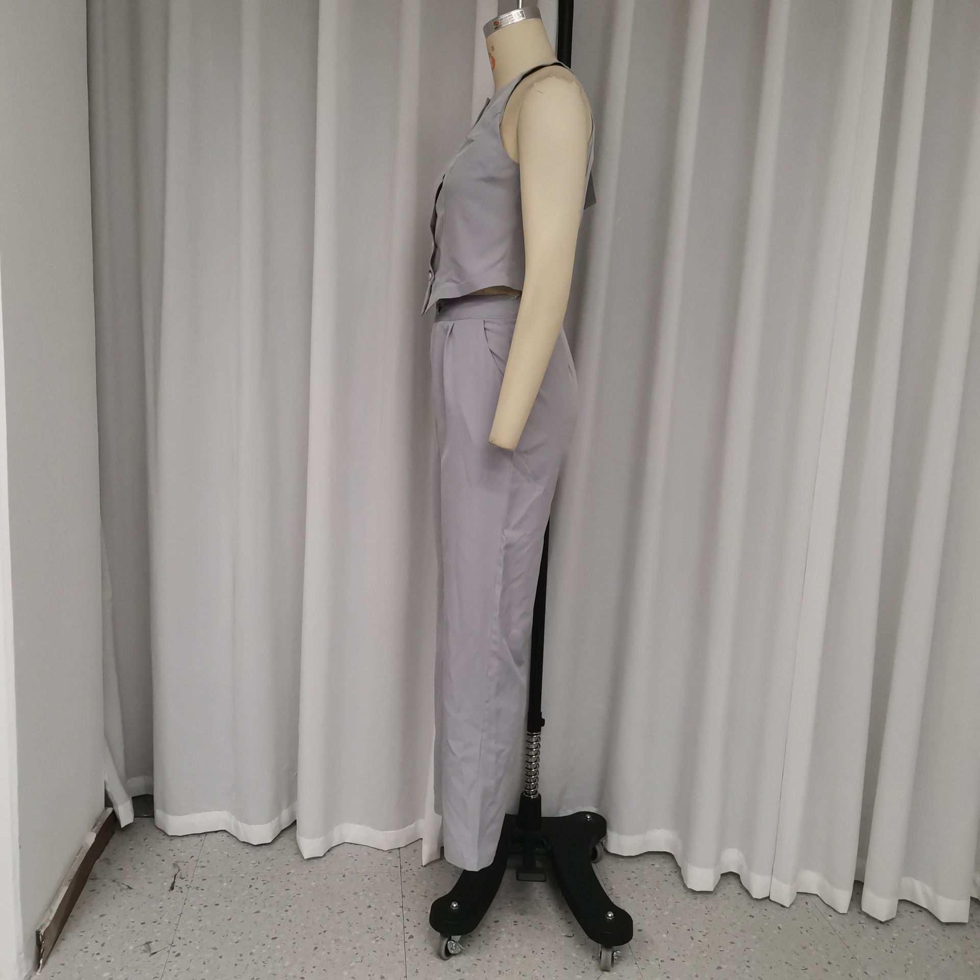 Women Suit Button Sleeveless Top Two Piece Pants