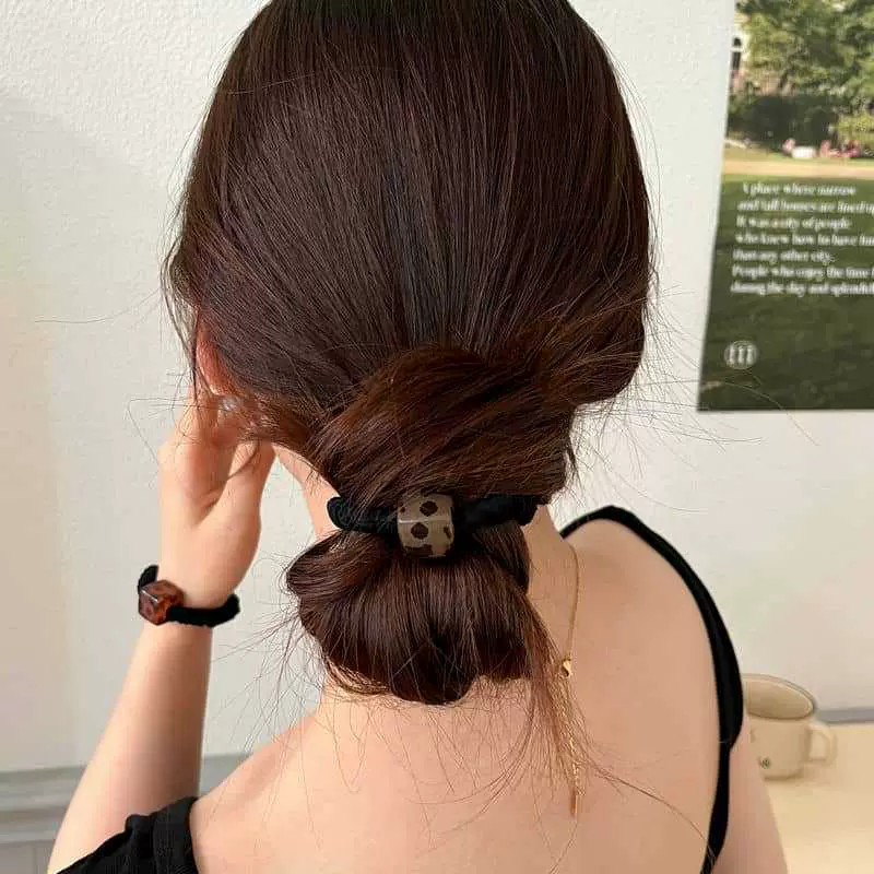 新款简约方块豹纹发圈丸子头时尚头绳高级马尾发绳扎发皮筋发饰女