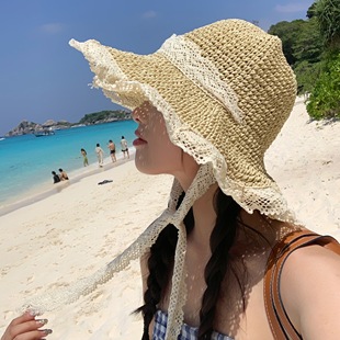 Granny Chen/Korean ins Big Brim Beach Straw Hat Women's Sweet Lace Elegant Sunshade Sunscreen Hat Trendy