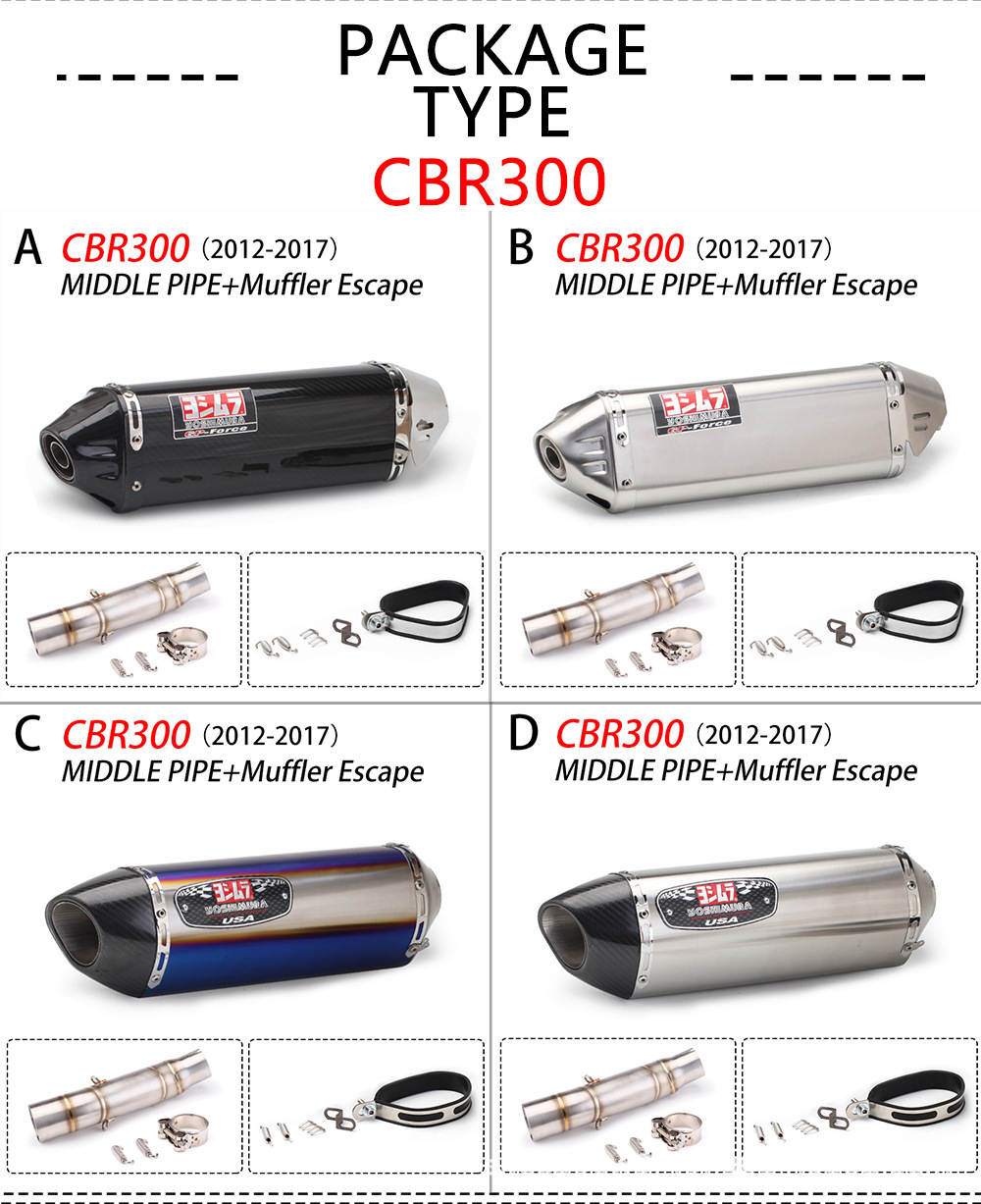 Motorcycle Modified Cbr300 Cbr500 500X Series Exhaust Pipe Modified Stainless Steel Middle Section Carbon Fiber Tail Section