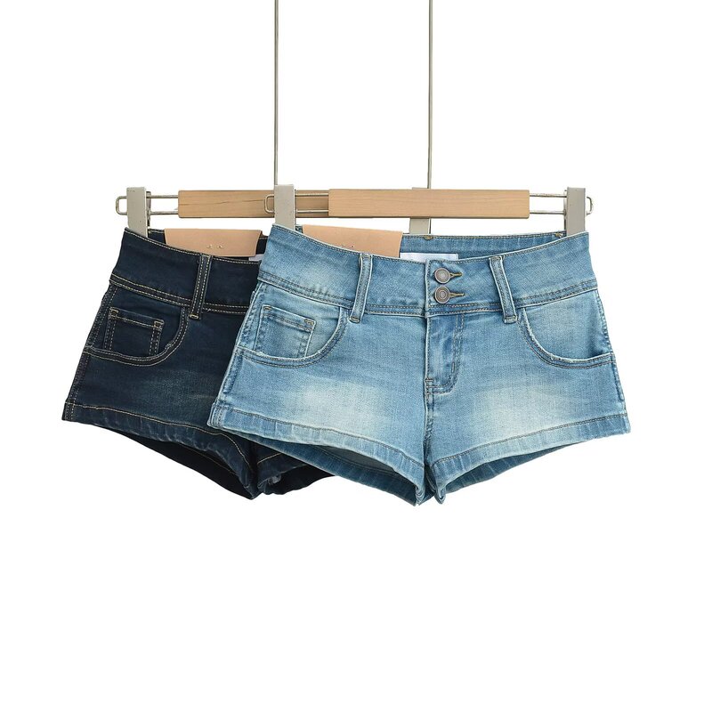 Two-grain Buckle High-hip Denim Shorts Women's 2025 Summer New Low-waist Spice Girl Old-fashioned Tight Stretch All-match Hot Pants