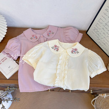 女童夏季新款娃娃领刺绣花朵短袖衬衫女宝宝休闲时尚洋气品质童装