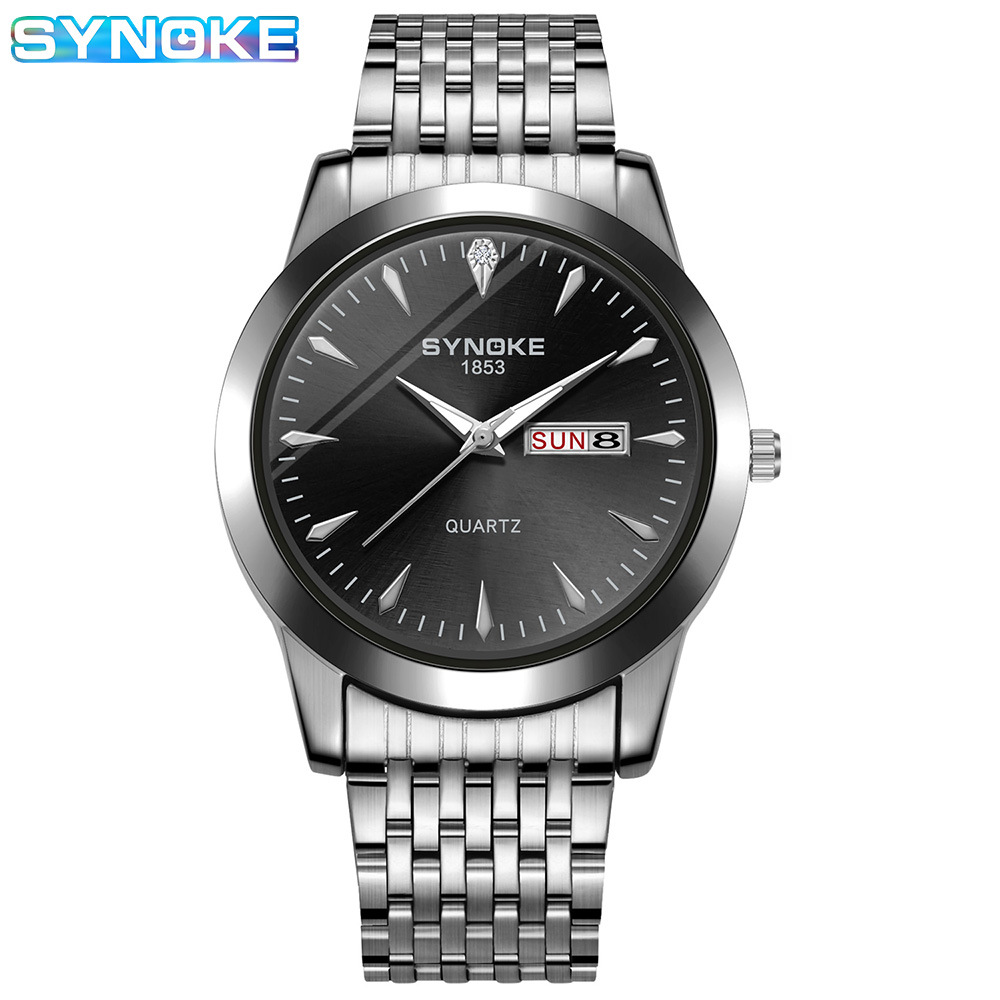 Reloj de cuarzo de negocios SYNOKE doble calendario aleación reloj casual moda clásica correa de acero reloj de los hombres