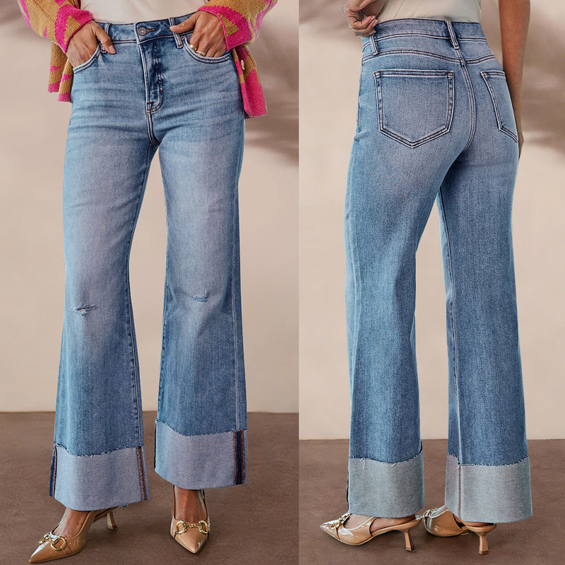 Cross-Border 2026 Spring/Summer New Style Washed High-Waisted Rolled-Edge Wide-Leg Jeans for Women with Ripped Patchwork Casual Straight-Leg Pants