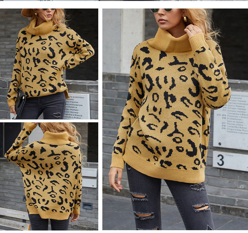 cuello de solapa alto estampado de leopardo suéter dividido grueso nihaostyles ropa al por mayor NSMMY83161