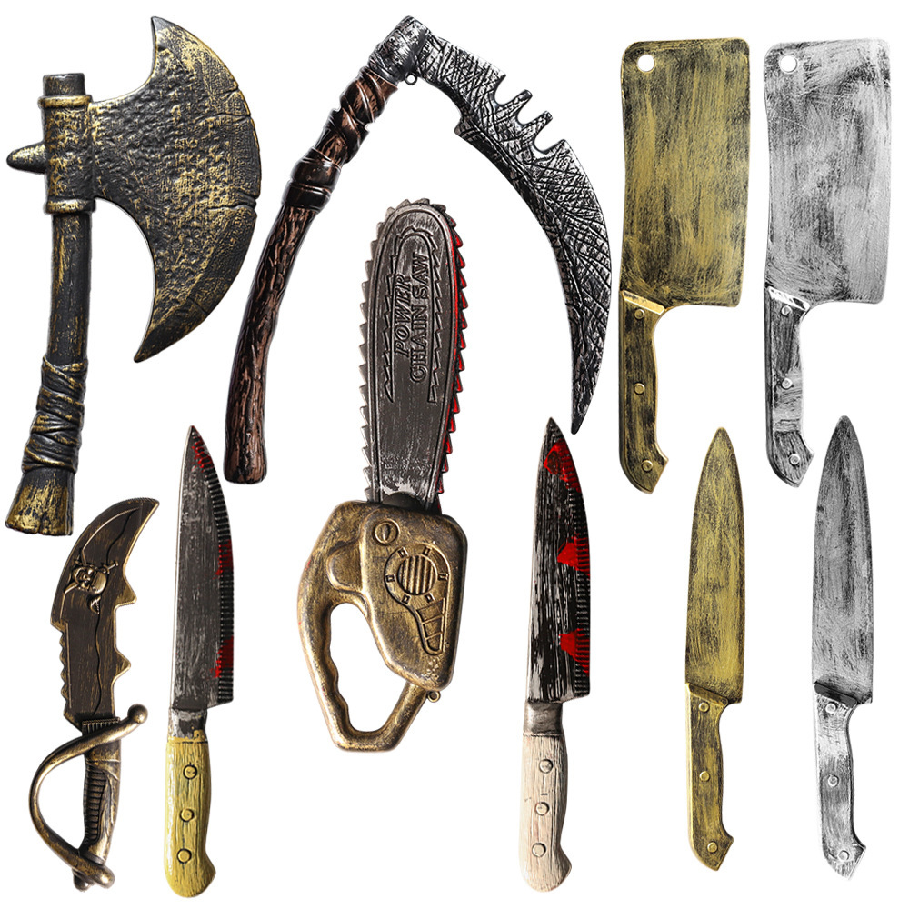 Halloween cuchillo agudo sangriento plástico simulación con cuchillo de cocina sangriento espectáculo de baile props moldeado por soplado hacha motosierra