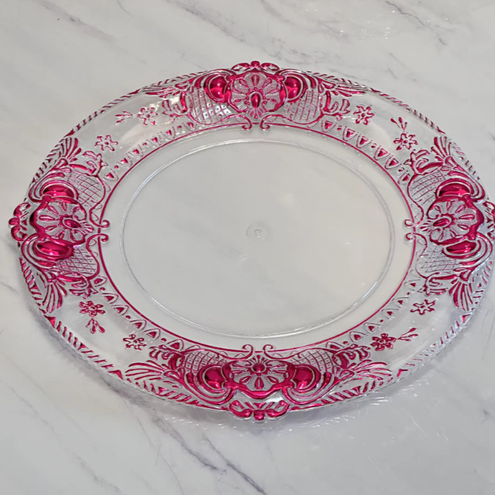 Cargador de plástico retro al por mayor decoración de fiesta de bodas 13 pulgadas oro plata borde cargador transparente