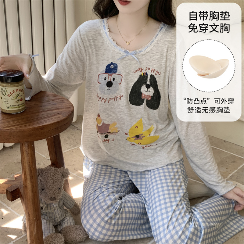 Modal Pajamas for Women with Padded Long-Sleeved Pants, Cartoon Fresh Ladies, Bra-Free Home Clothes, Women's Suits
