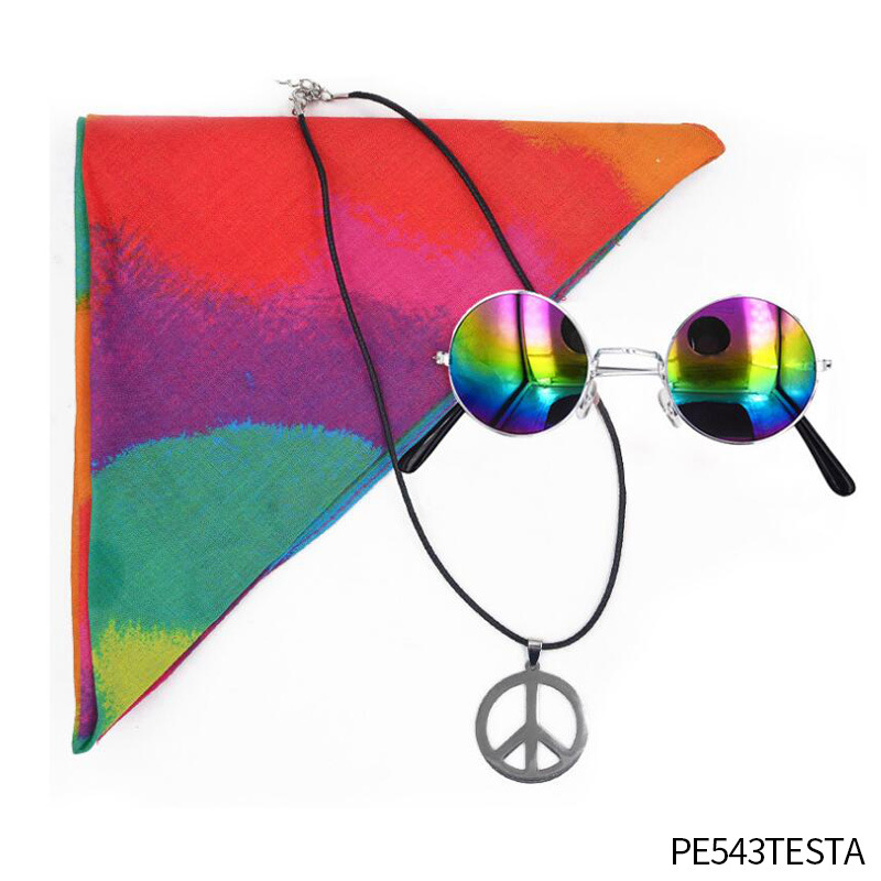 Accesorios de vestir hippies de la década de 1960, diadema de girasol, gafas redondas, conjunto de aretes de collar de talismán de paz