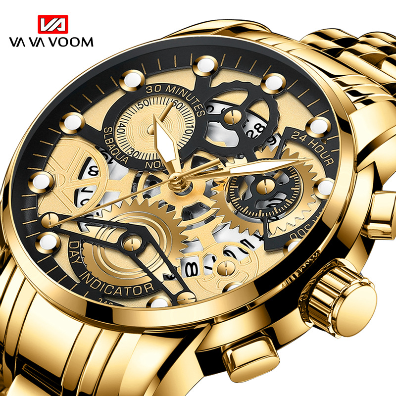 VAVA VOOM 2451 nuevo calendario falso Movimiento de cuarzo de tres ojos Reloj de correa de acero luminoso para hombres