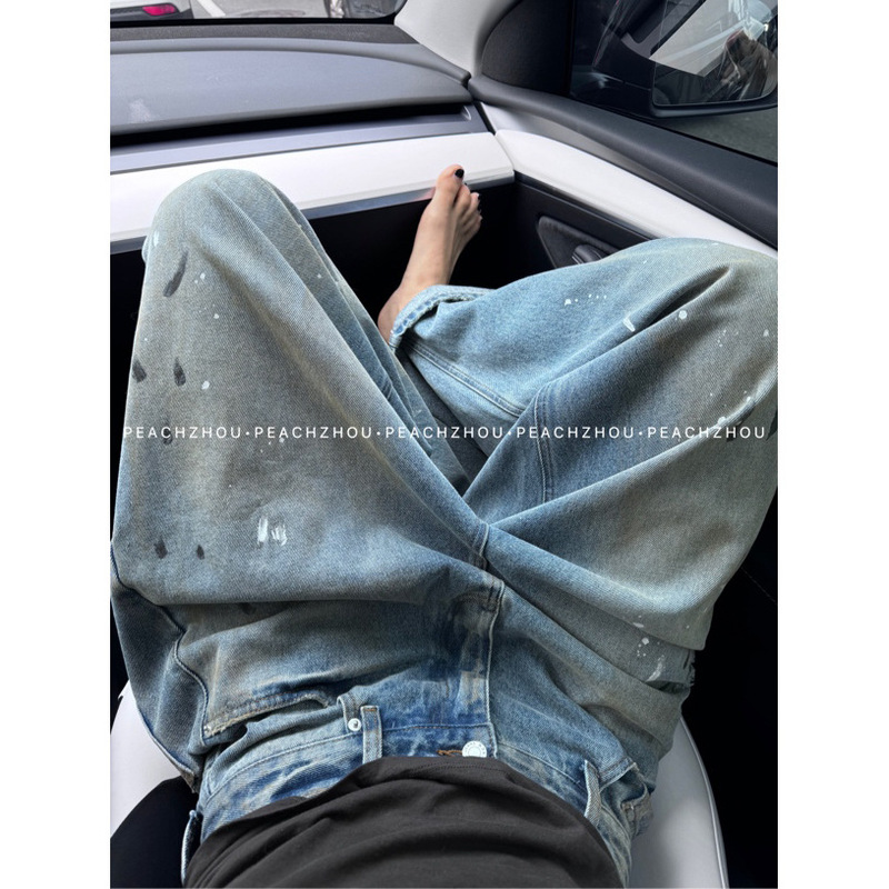 3776 # 『Peachzhou』Graffiti Dot Paint Distressed Loose Straight Jeans Casual Design Wide Legs