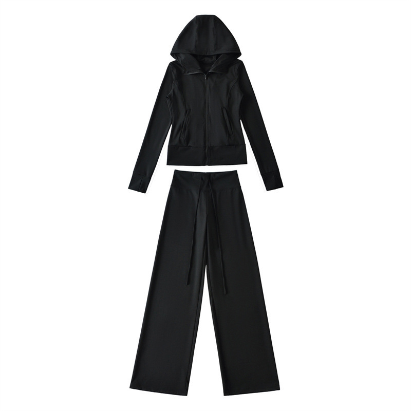 Fashionable Slim-Fit Hooded Sweatshirt Yoga Top Cardigan Jacket + Drawstring Straight-Leg Pants Yoga Sports Pants Set for Women