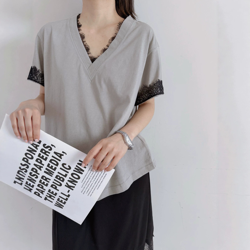 Cross-Border Foreign Trade V-Neck Lace Trim Short-Sleeve T-Shirt for Women, Summer Loose Versatile Casual Top, in Stock Wholesale Cross-Border Foreign Trade V-Neck Lace Trim Short-Sleeve T-Shirt for Women, Summer Loose Versatile Casual Top, in Stock Wholesale