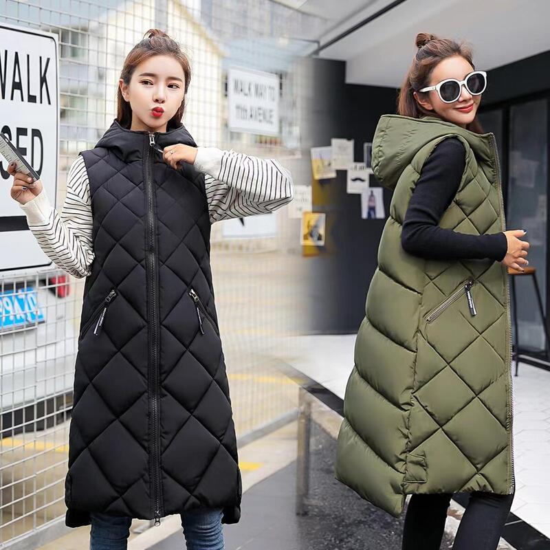 Women's Long Cotton Vest Women's Autumn and Winter Mid-length Korean-style Hooded Down Cotton Vest plus size Thickened Waistcoat Winter