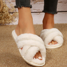 外贸亚马逊毛毛拖鞋家居交叉露趾链条毛毛拖鞋女平底棉拖保暖女鞋