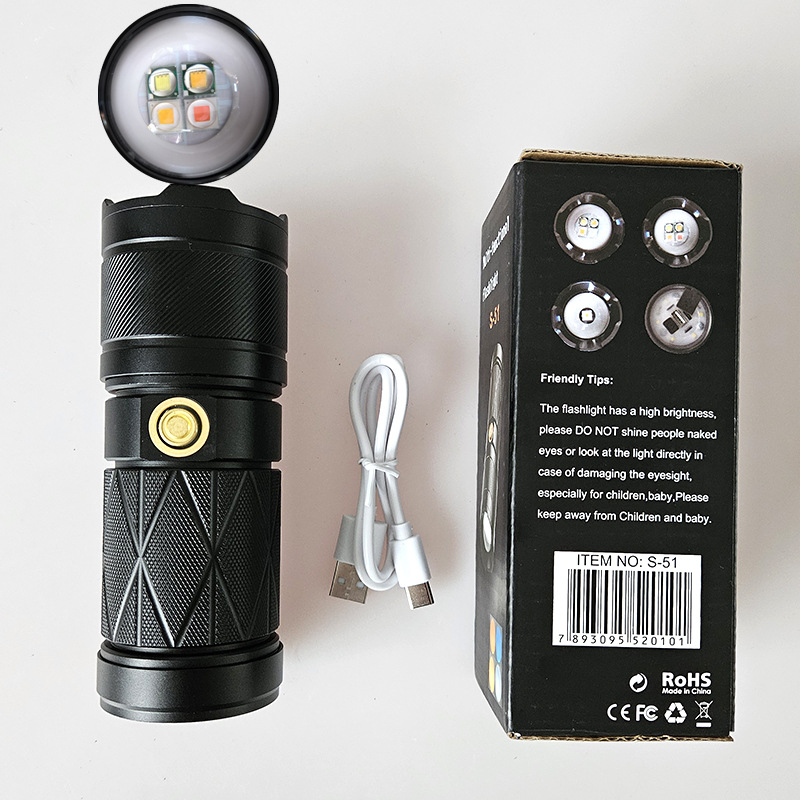 Nuevo fotógrafo de cuatro colores zoom antorcha láser blanca recargable maquillaje en vivo de emisión remota luz super brillante