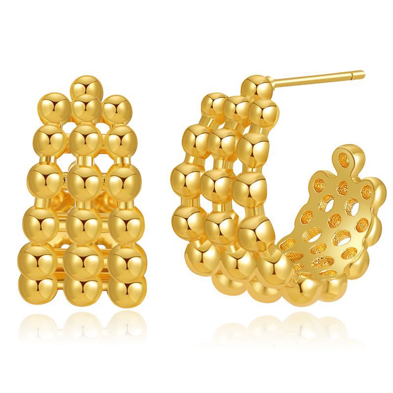 French copper-plated 18K real gold C-shaped earrings three-row metal ball three-dimensional beaded hollow earrings for women
