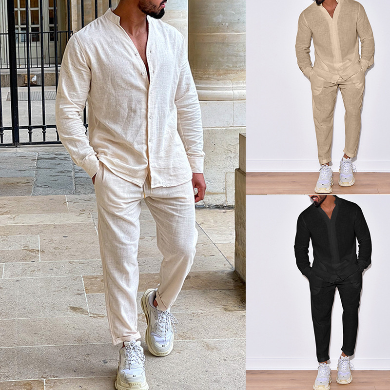 Cross-border European and American men's linen autumn casual suit long-sleeved one-piece overalls foreign trade supply wholesale hot sale