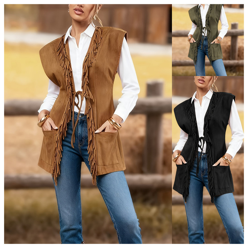 2025 Autumn/Winter Western Cowboy Fashion Vest Tassel Cardigan Women's Loose Lace-Up Casual Jacket Retro Style