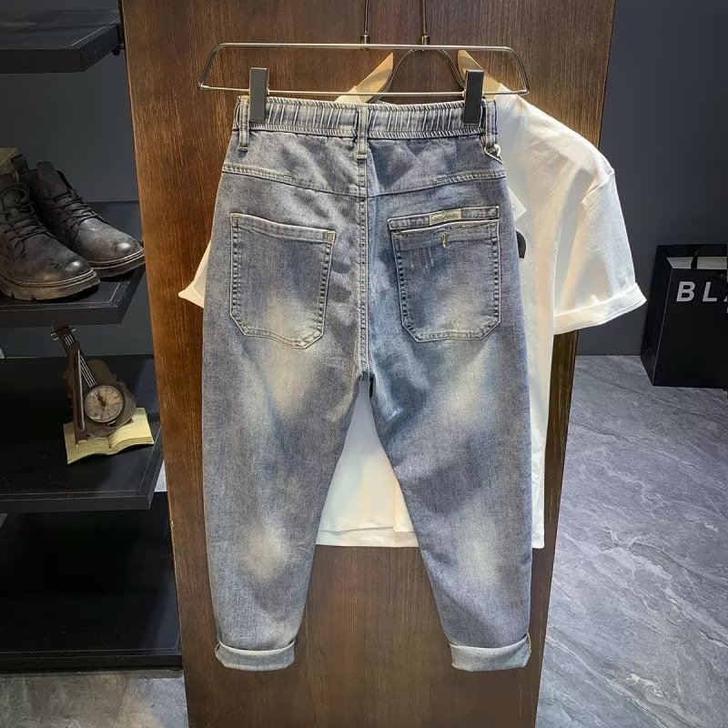 Jeans for men, spring new urban high-end trendy brand leggings, micro Ha men's casual elastic slim fit cropped pants_voghion.com