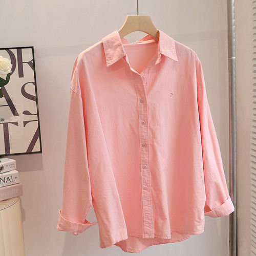 日系温柔风马卡龙色系纯棉宽松小众长袖白衬衫女秋装韩版叠穿上衣