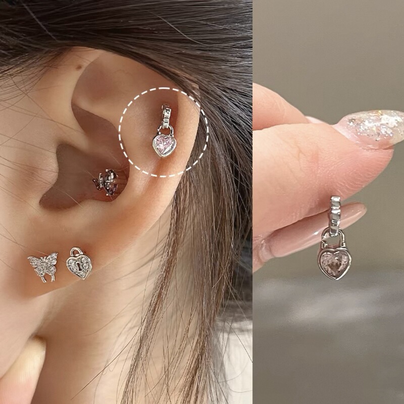 ピンク耳骨ネイルコレクション、ジルコン耳ネイル、医療用チタン鋼蝸牛ネイル、耳ピアス、耳骨ネイル、イヤリング、平底スパイラル|undefined